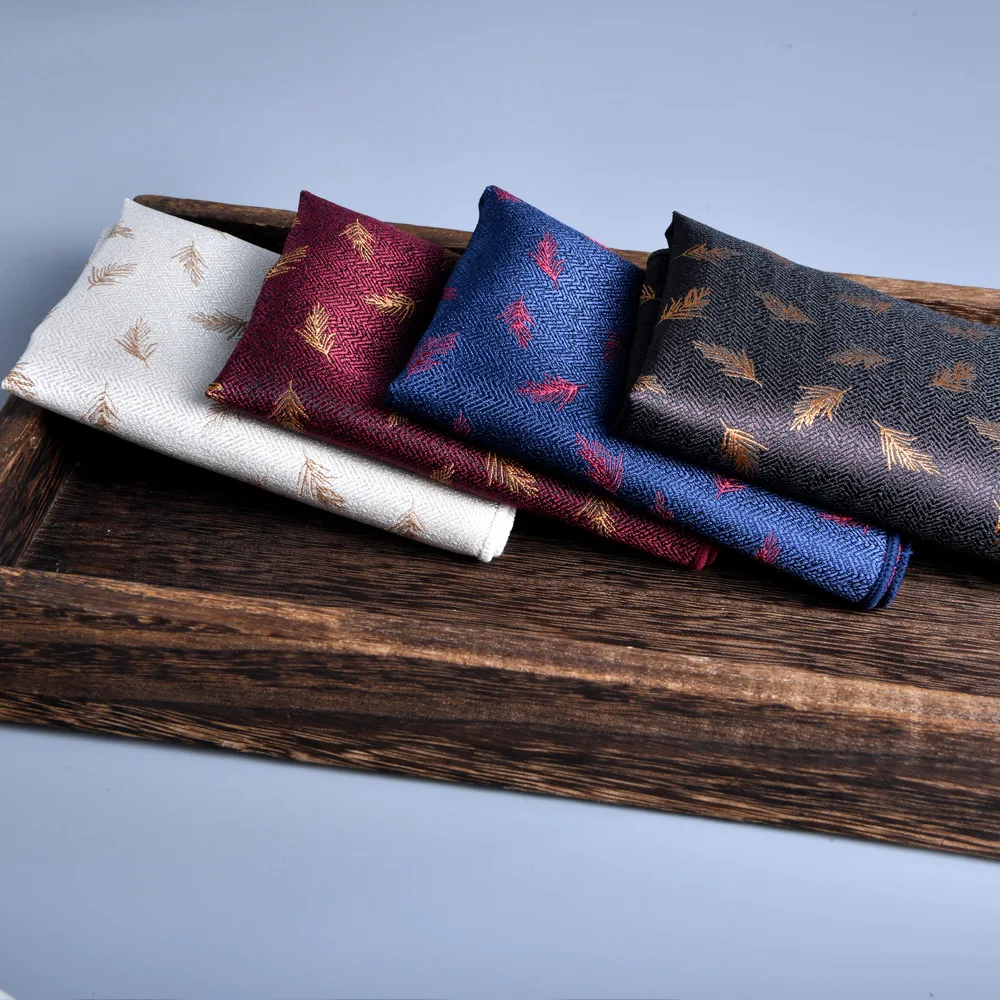 24cm Autumn Winter Fashion Leaves Printed Pocket Square For Men Polyester Brown Striped Handkerchief Wedding Groom Suit Hanky