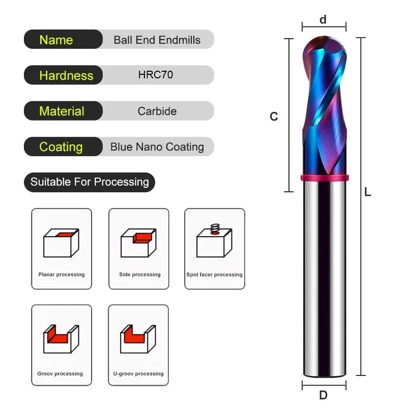 GAMONT TGP-HRC70 2F Color Circle Endmills Blue Nano Coating Tungsten Steel Carbide Milling Cutter For CNC Mechanical Endmills