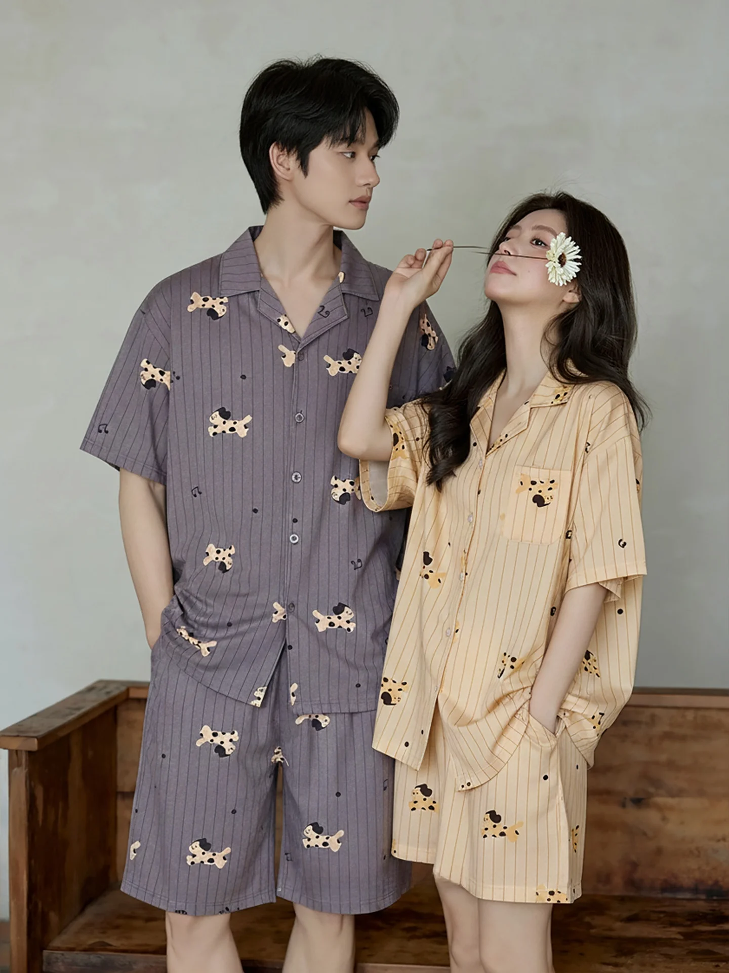 couples-summer-cotton-pajamas-loose-short-sleeve-shorts-home-clothes-women's-oversize-men's-set-breathable-comfortable-print