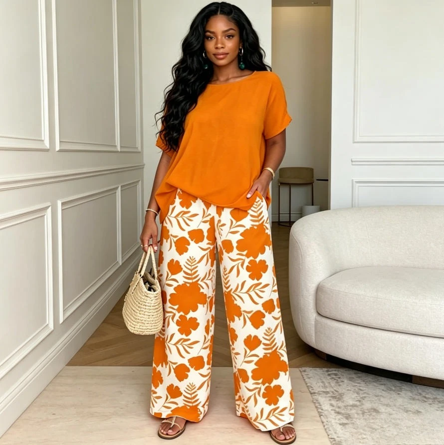 

Pant Set Women Two Piece Sets Round Neck Short Sleeve Solid Shirt Wide Leg Long Pants Floral Print Y2k Streetwear 2026 Spring