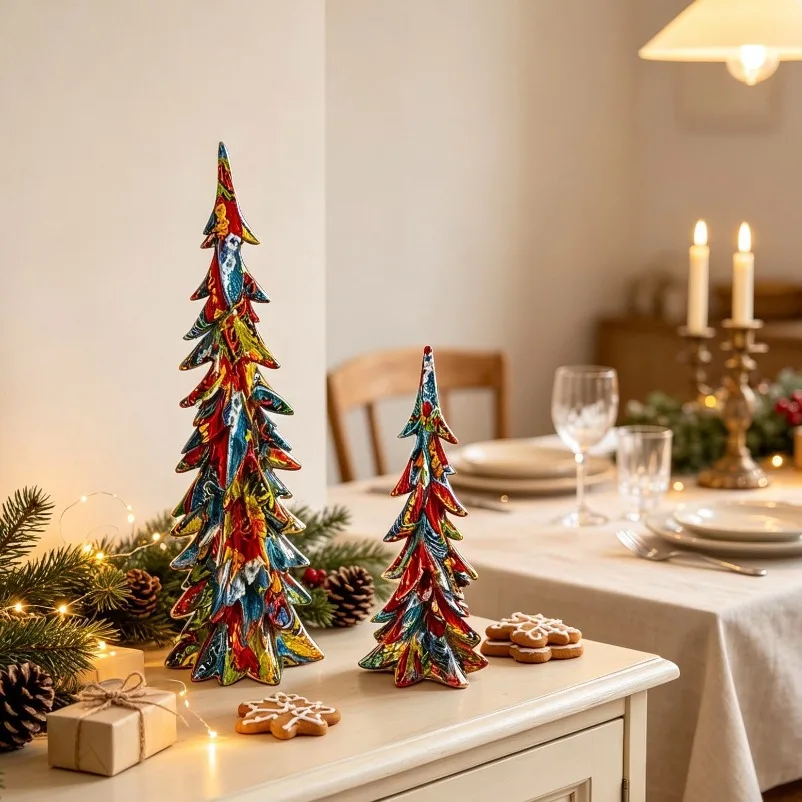 New Colorful Laminated Christmas Tree Resin Ornaments, European Desktop Holiday Home Decorations
