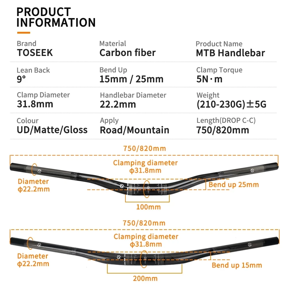 TOSEEK UD Carbon Bicycle MTB Handlebar 31.8mm Off-road Extension Swallow Shaped Handlebar Bend up 15/25mm Width 750/820mm