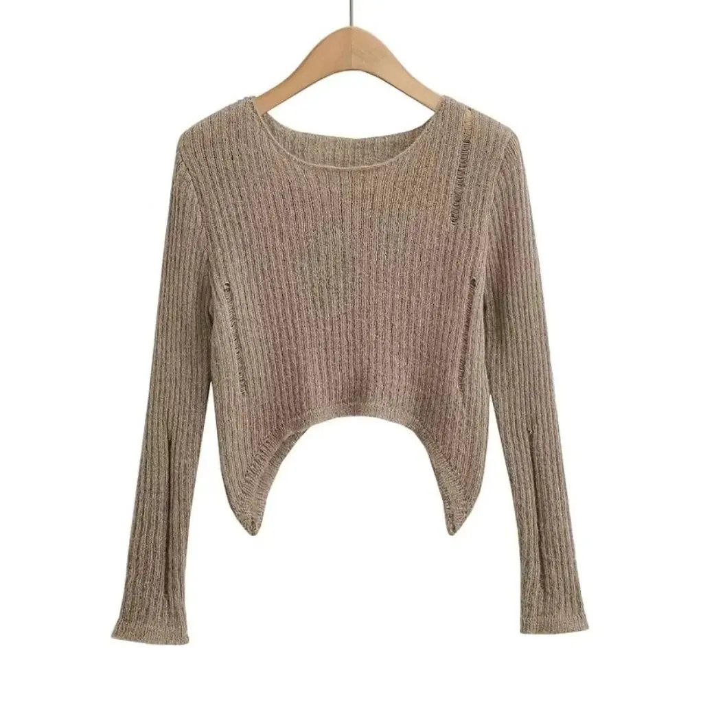 

Women's Spring New Style Pure Large round Neck Knitted Sweater Loose Thin Micro-Penetration Short Pullover Top Navel-Exposed