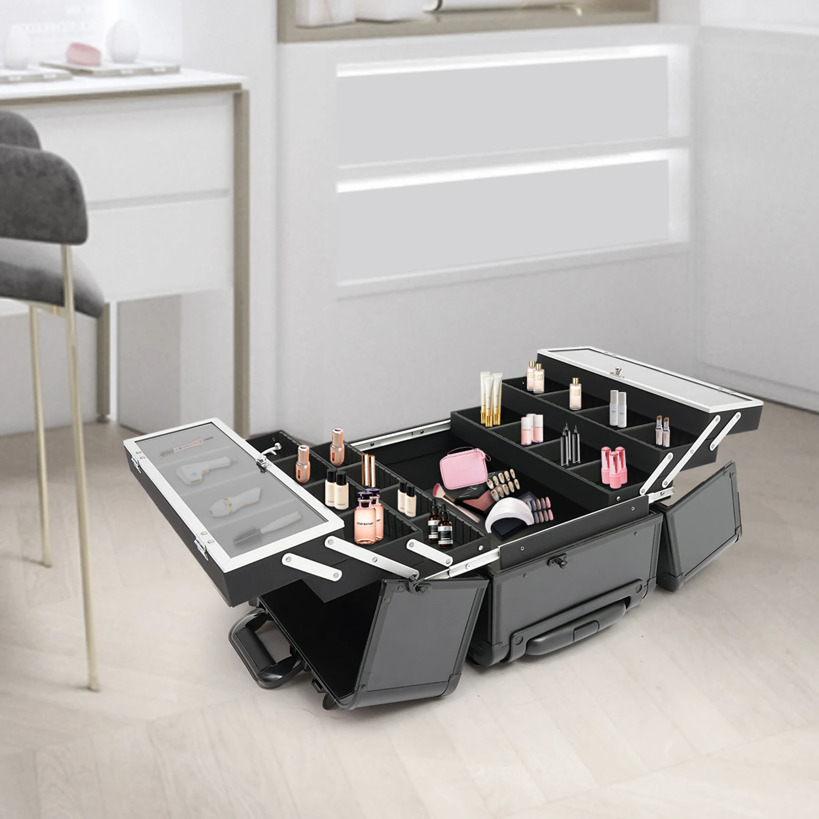 Lockable Rolling Makeup Case Beauty Salon Cosmetic Organizer with 6 Trays