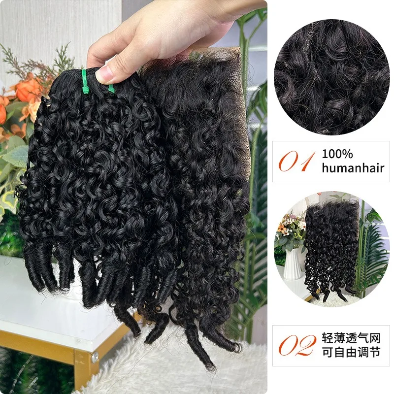 جودة عالية 5x5 الدانتيل إغلاق عابث مجعد Hairbud اللون الطبيعي رقيق الشعر البشري كتلة البرازيلي عذراء ريمي كامل اليد النسيج