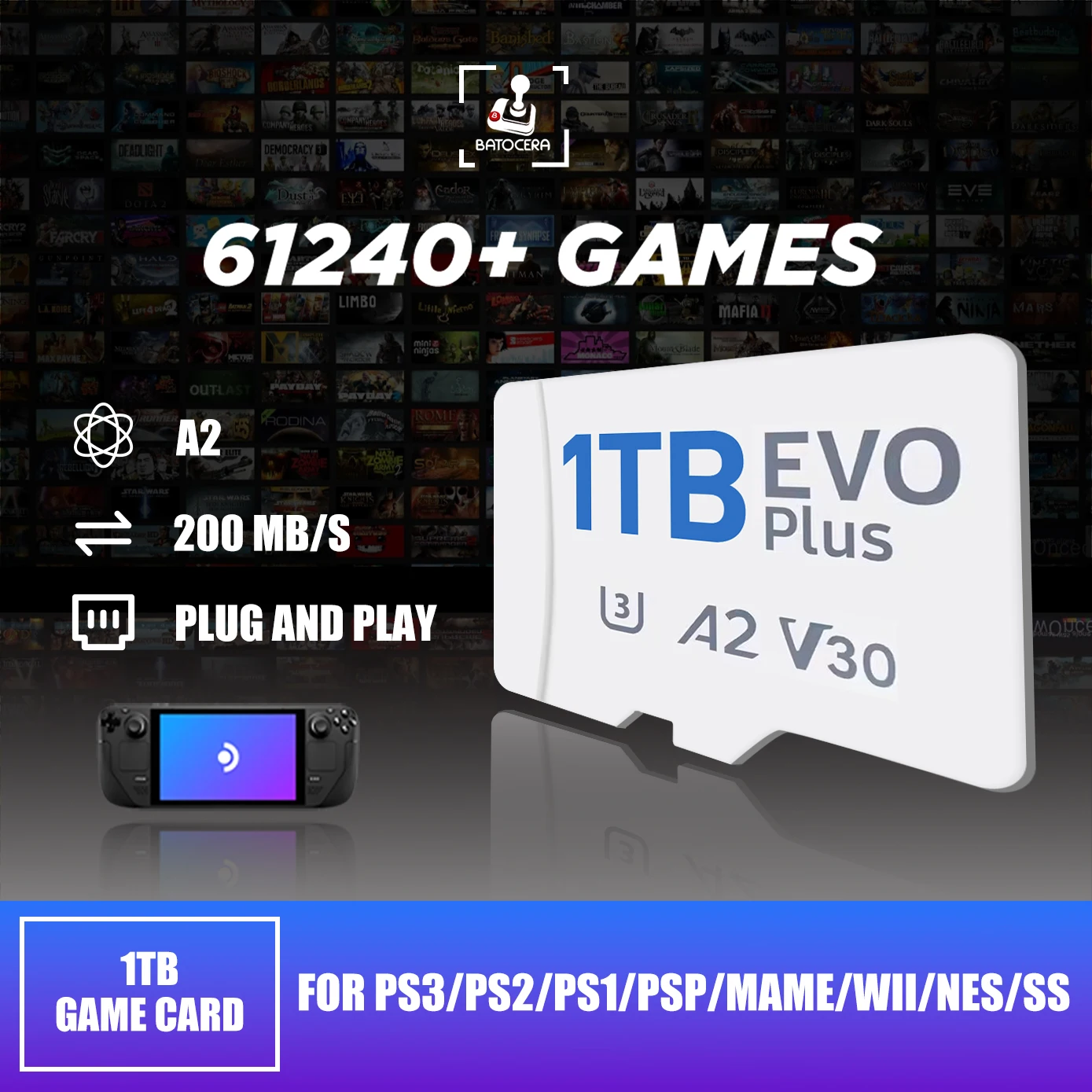 

Batocera 39 System 1TB Game Card with 61240+Games&70+Emulators for Steam Deck/Win 600/Win PC/Laptop for PS3/2/1/PSP/Mame/Nes/Wii