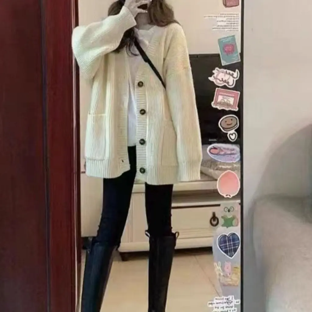 

New Thickened Long Sleeve Knitted Sweater Women's Casual V-Neck Open Cardigan Outerwear Mid-Length Style