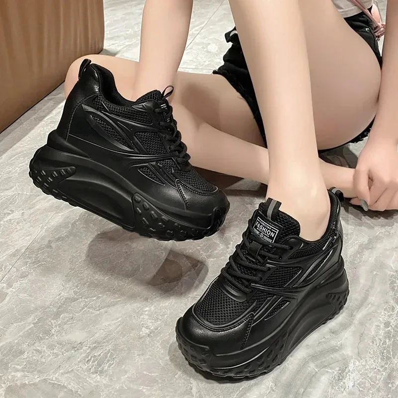 Hollow High Heels 10cm Sneakers Chunky Casual Autumn Spring Platform Wedge High Fashion Breathable Women Summer Shoes