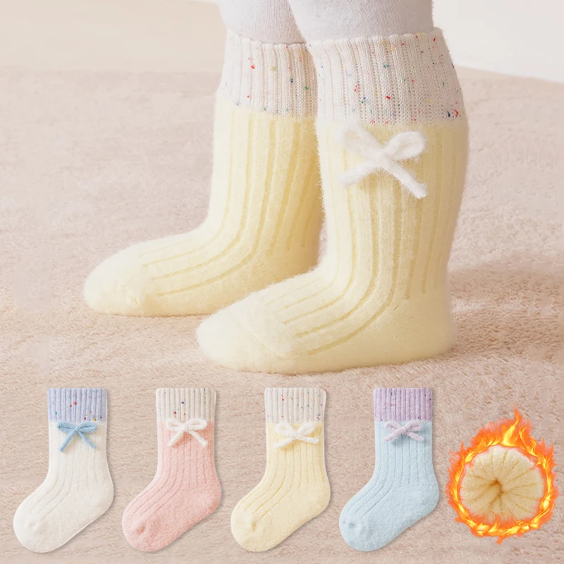 Baby Girls Socks Bow Decor Winter Thick Warm Kids Girls Socks Soft Thermal Solid Color Infant Toddler Socks For Girls
