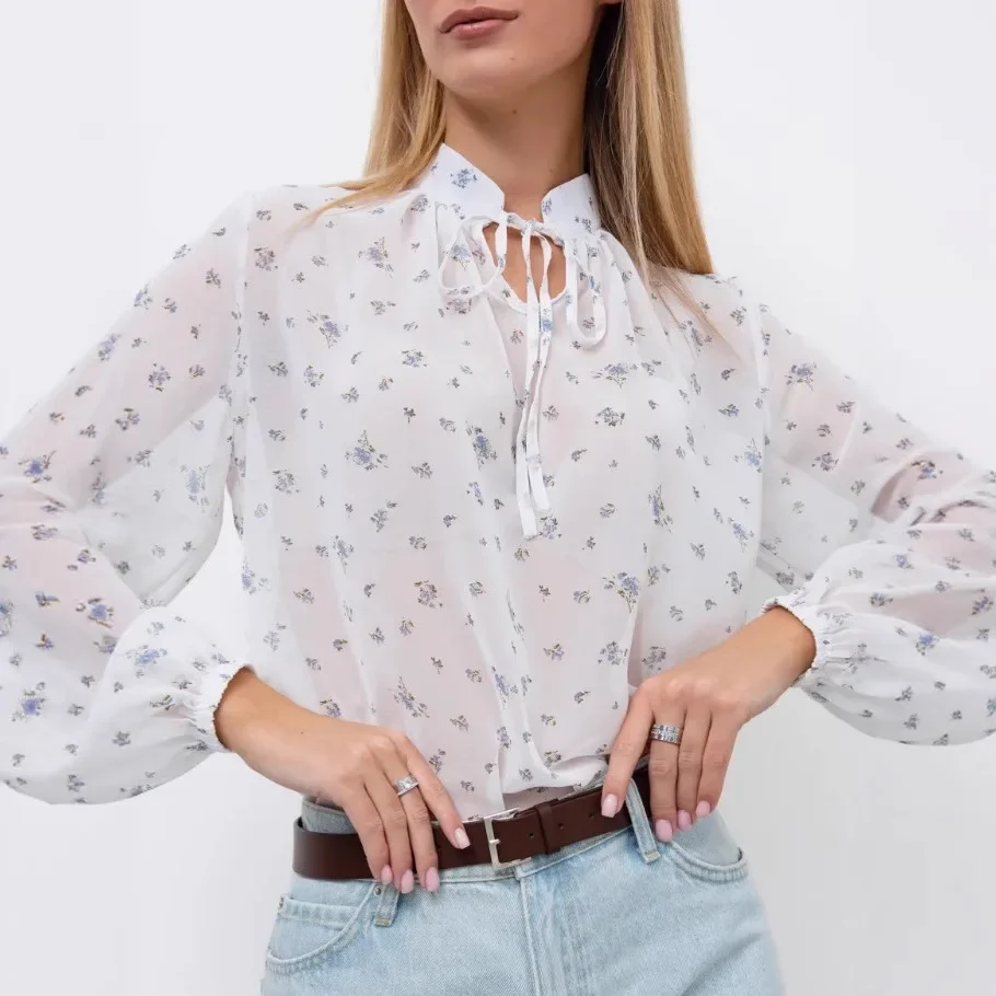 

Floral Print Fabric with Hollow Lantern Stripes, Stand-up Collar, and Half-transparent Lace-up Casual Commuting Chiffon Top