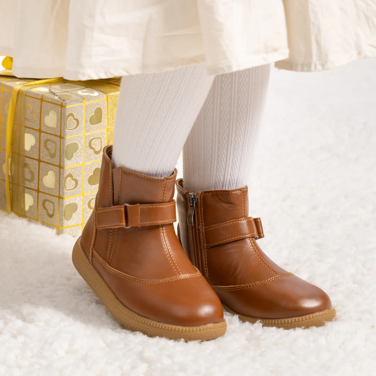 Toddler Ankle Boots, Glossy PU Side Zipper & Strap Boots, Non-slip Rubber Sole Infant First Walker Autumn Fashion Boots