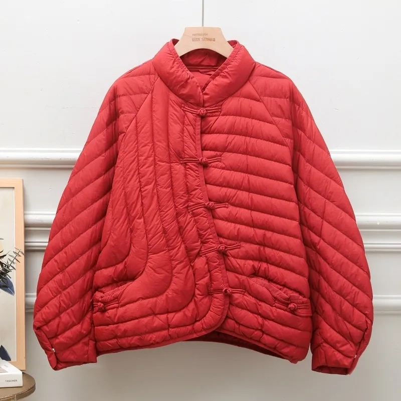 

Winter Casual Lady Loose Solid White Duck Down Coat Light Puffer Parka Outwear Women Stand Collar Single Breasted Coat