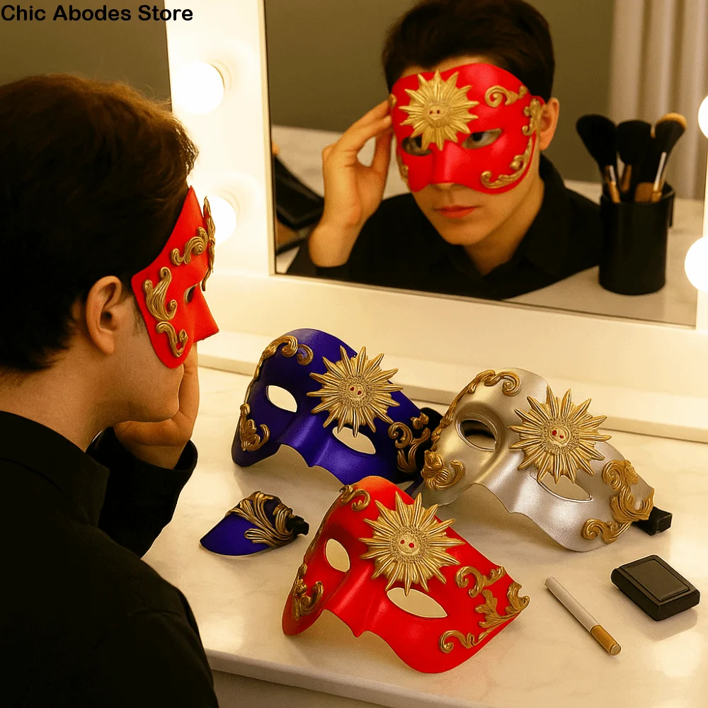 

Vintage Roman Sun God Mask Metal Texture Reusable Venice Half-Face Masquerade Mask Steampunk Plastic Halloween Face Cover Photo