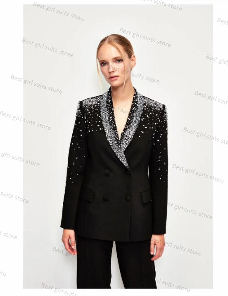 Kristalle schwarze Frauen Anzug Hosen Set Blazer Hose 2 Stück formelle Hochzeit Smoking Ballkleid maßge schneiderte Party Mantel Jacke