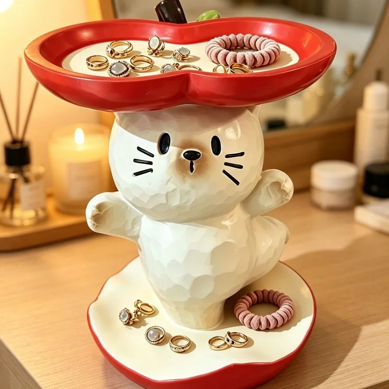 Cute Cat Apple Shape Tray Storage Ornament Ins Style for Entryway Key Jewelry Desktop Home Decoration Trays Decorative