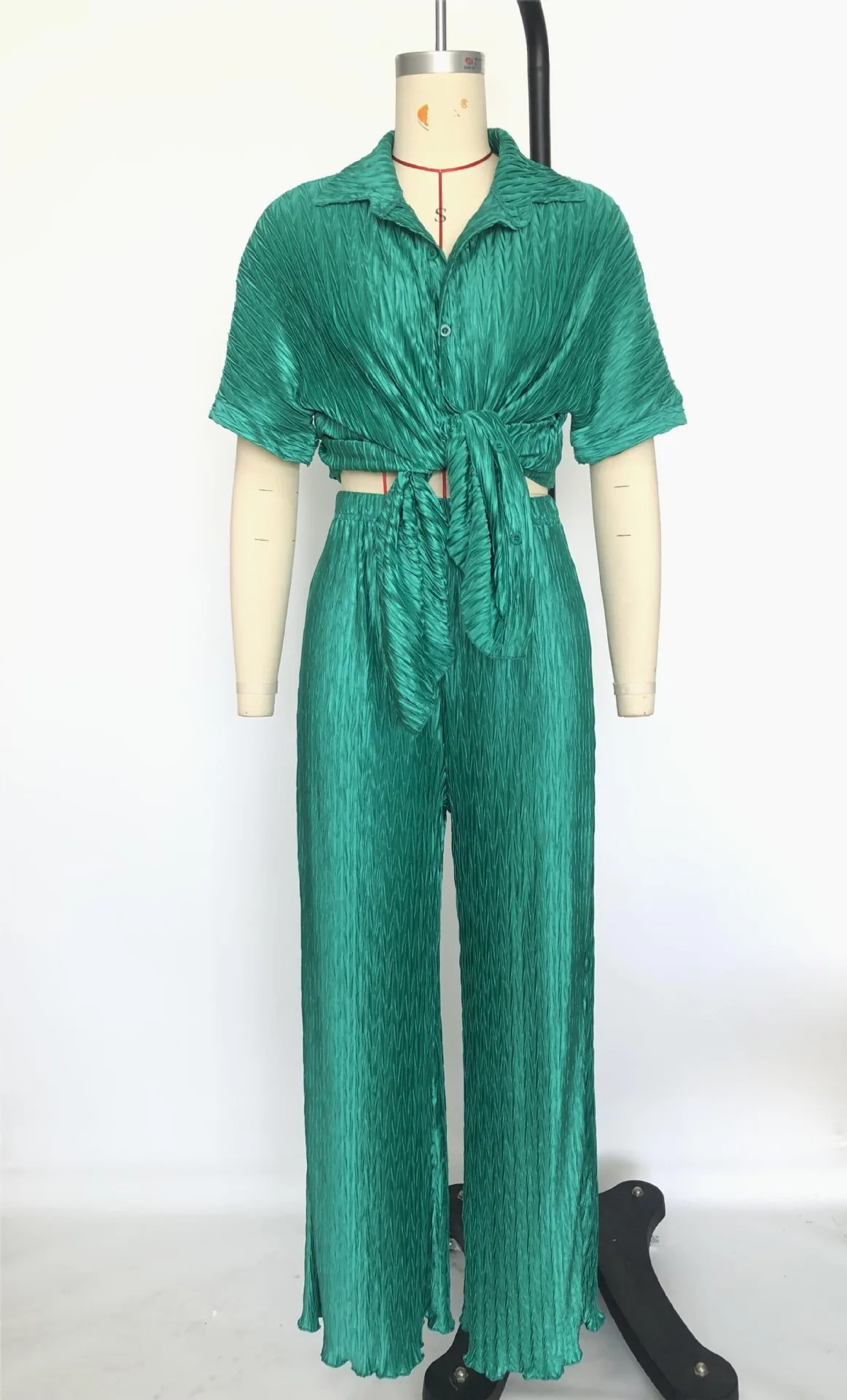 Ladies Pleated Knit Pants And Short-Sleeved Shirt Suit With Trousers Spring/Summer Pleated Cloth Women's 2-Piece Pants Set