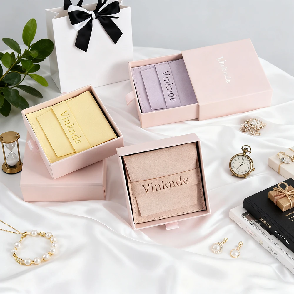 

Custom Logo Microfiber Velvet Jewelry Gift Bag Wedding Favors Bulk Travel Earrings Rings Cardboard Drawer Box Personalization
