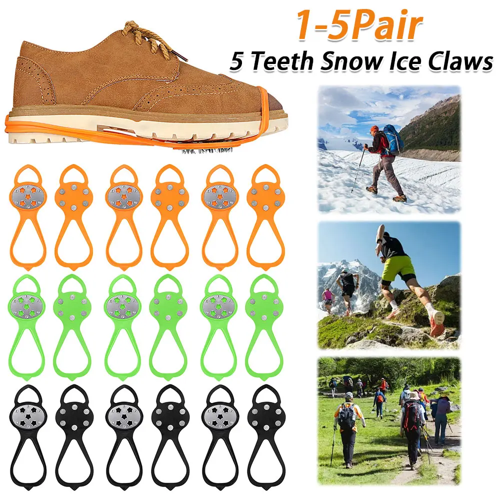 1-5Pair 5 Teeth Snow Ice Claws Adjustable Walking Cleat Ice Grippers Walking Shoe Ice Spikes for Outdoor Mountaineering Camping