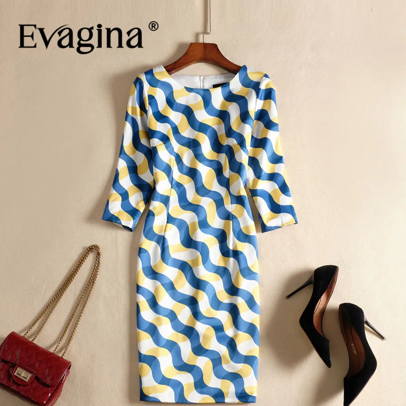 Evagina Fashion design Spring Summer Women's O-Neck Three Quarter Sleeve Striped Printing Slim-Fit Hip Wrap Mini Dresses