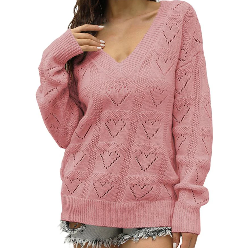 Locker sitzender Damen-Pullover mit V-Ausschnitt, langen Ärmeln, hohlem Herz, Häkelpullover, lässige Strickwaren, geeignet für Party und den täglichen Gebrauch