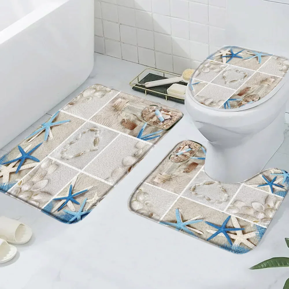 Beach Starfish Bath Mat Blue Wooden Board Nautical Lighthouse Compass Anchor Anti-slip Floor Mat Toilet Cover Bathtub Decor Set