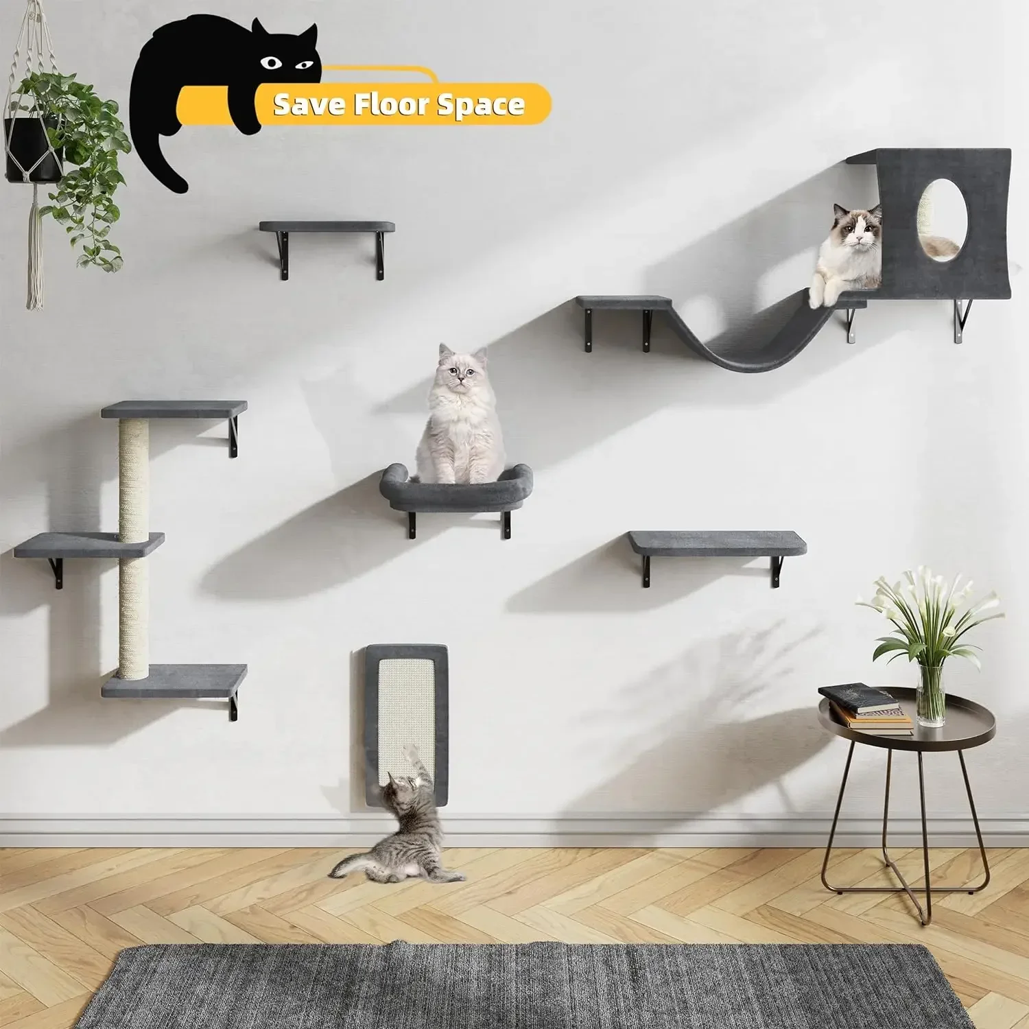 Wall Mounted Cat Furniture, 6pc Wall Furniture, Cat Climber with Cat House, Bridge, Tree, Steps, and Scratcher