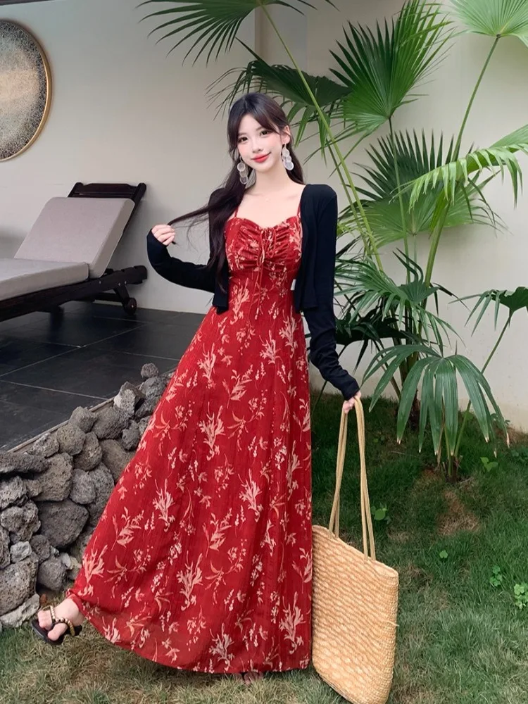 

plus Size Floral Print Summer Dress Women's Retro Red off Shoulder Sun Protection Cover up Korean Style Commute Friendly