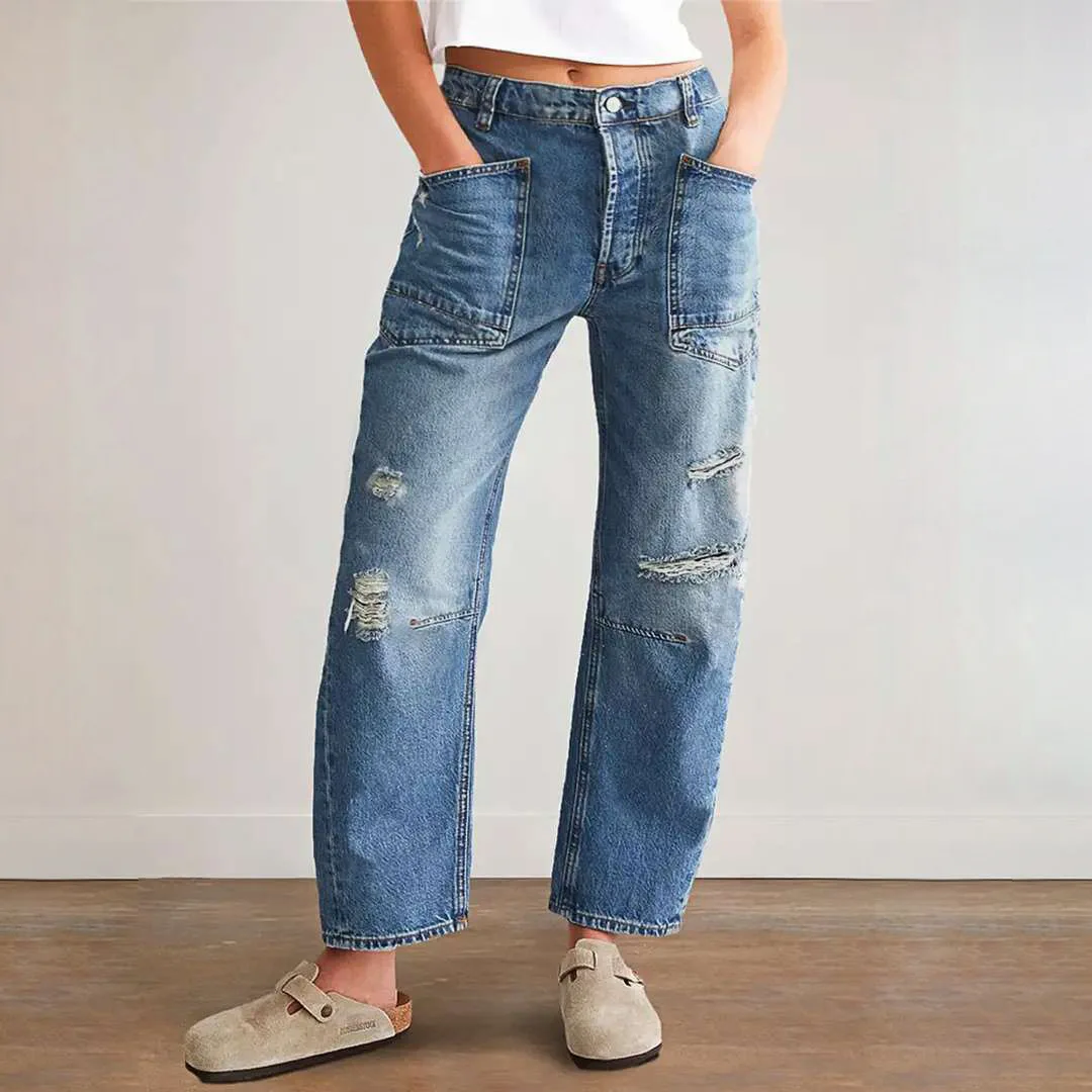 

Denim Pant Women Jeans Vintage Hole Long Pants High Waist Straight Trousers Y2k Streetwear Elegant Splice Work Casual 2026