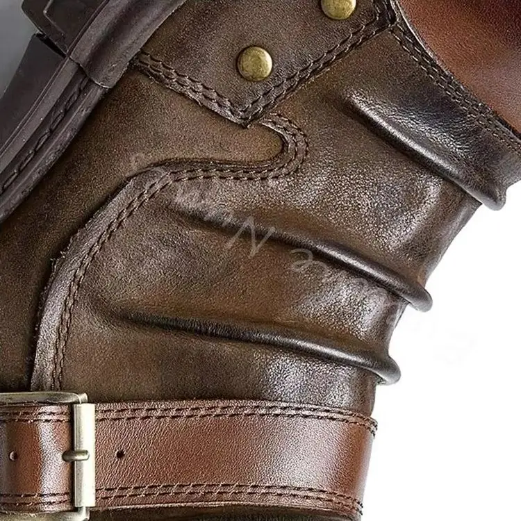 Vintage Distressed Wrinkled Leather Biker Boots Men Buckle Strap Side Zipper Motorcycle Boots Retro Hand Street Work Ankle Boots