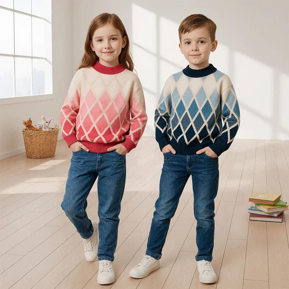 

4-16Y Kids Knit Pullover Unisex School Casual Sport Sweaters, Long Sleeve Autumn/Winter Jumper for 110-170cm, Children Clothes