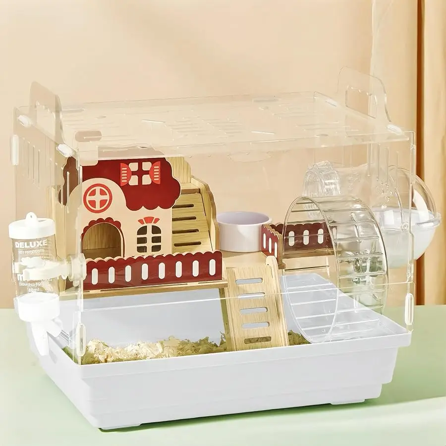 

8 in 1 Clear Acrylic Hamster Cage with All Accessories,13.5''L* 10''W* 13''H Dwarf Hamster Cage,Small Hamster Habitat,Garden Sty