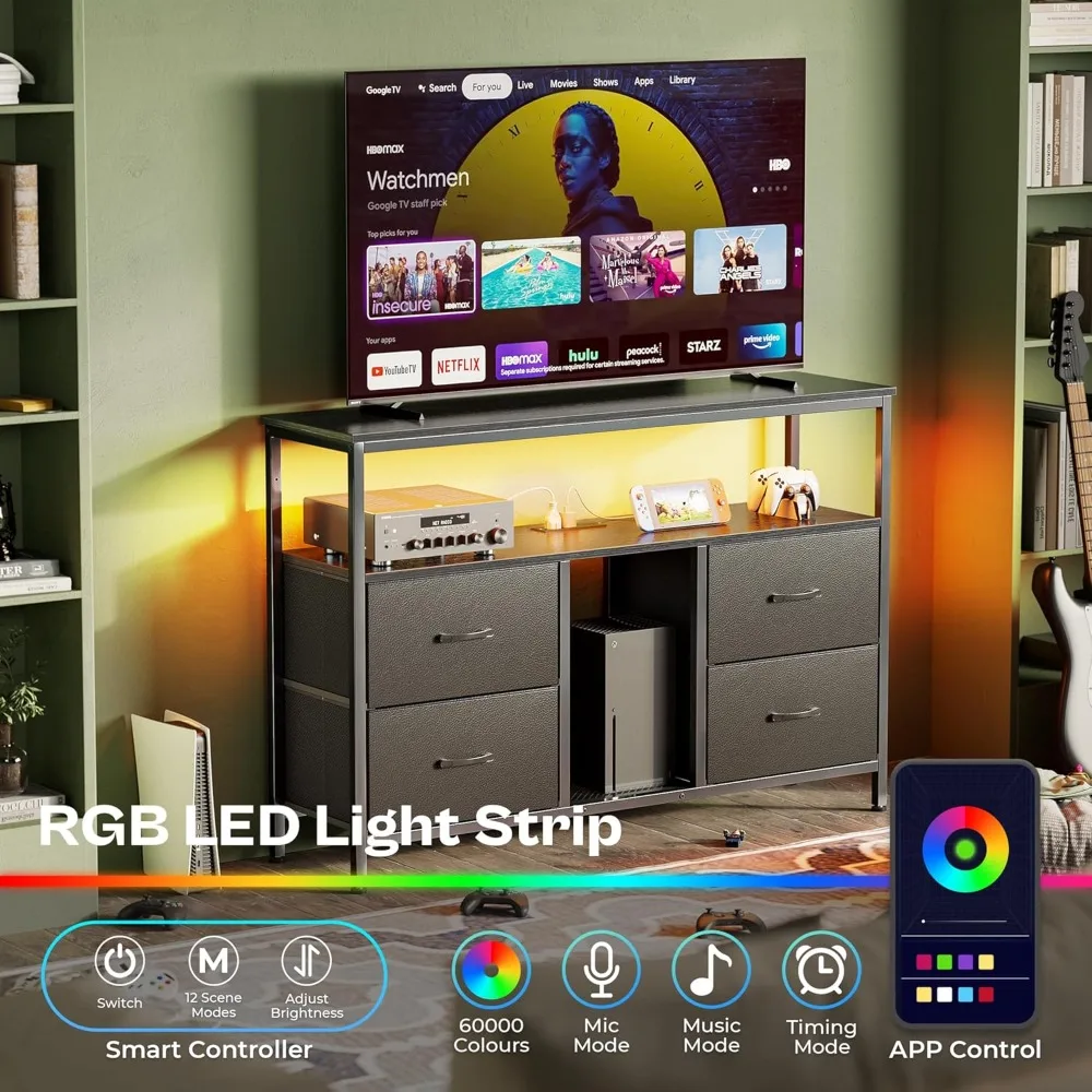 Cômoda de suporte de TV com tomadas de energia e luzes LED, centro de entretenimento de 4 gavetas com prateleira aberta, console de mídia para 50