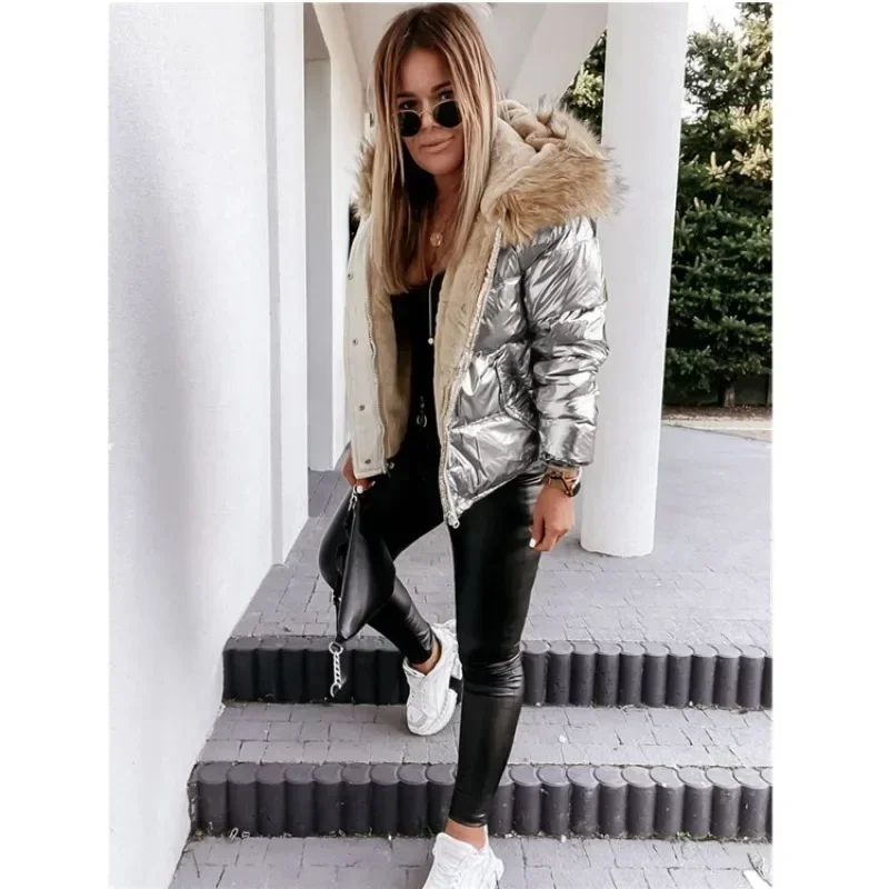 Women Fashion Fake Fur Hooded Jacket Winter Warm Coat Slim Fit Wadded Parka Down Coat Long Coat Outwear