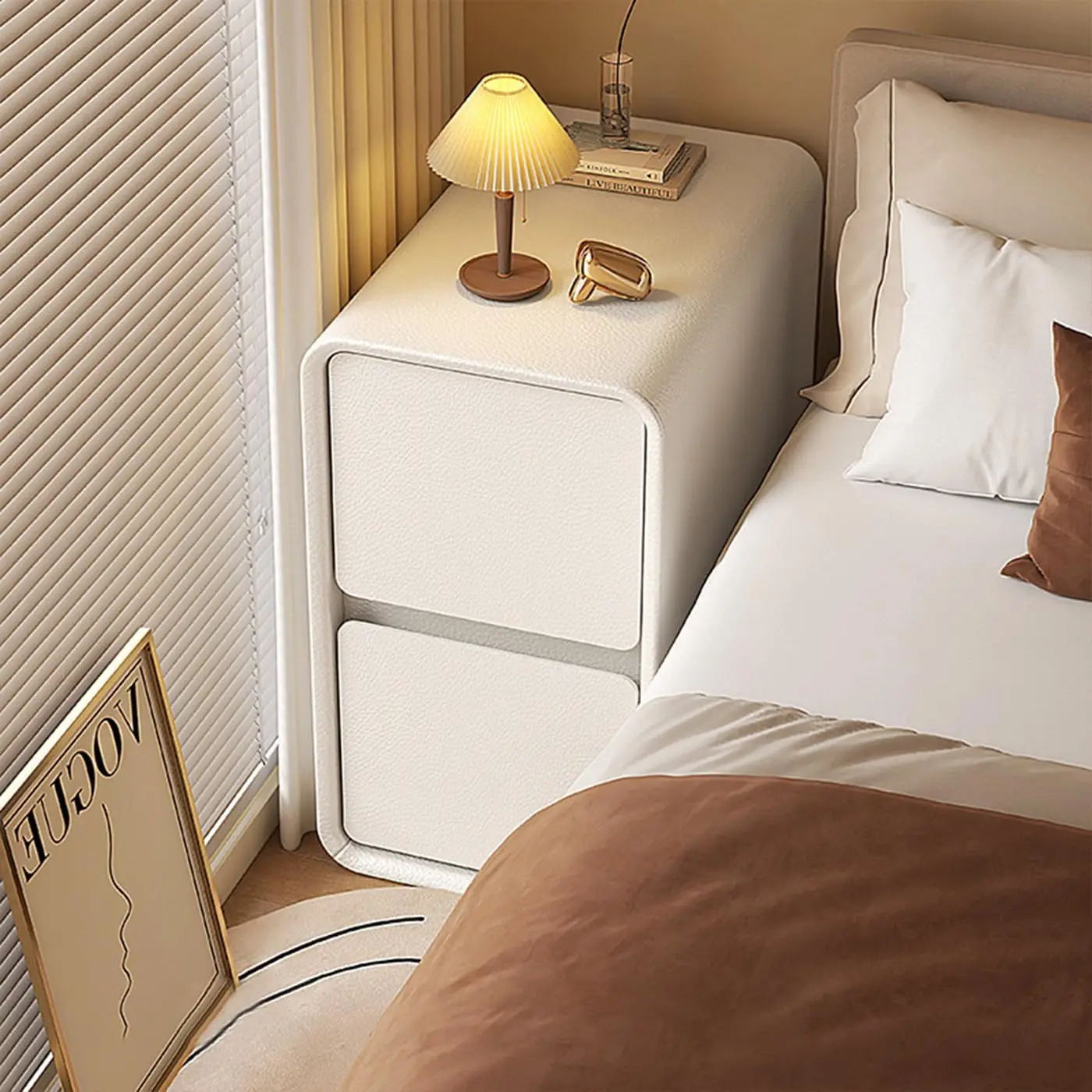 منضدة خشبية ضيقة مع درجين، طاولة بجانب السرير حديثة في منتصف القرن، حامل ليلي أبيض، منضدة صغيرة مع سطح جلدي #4
