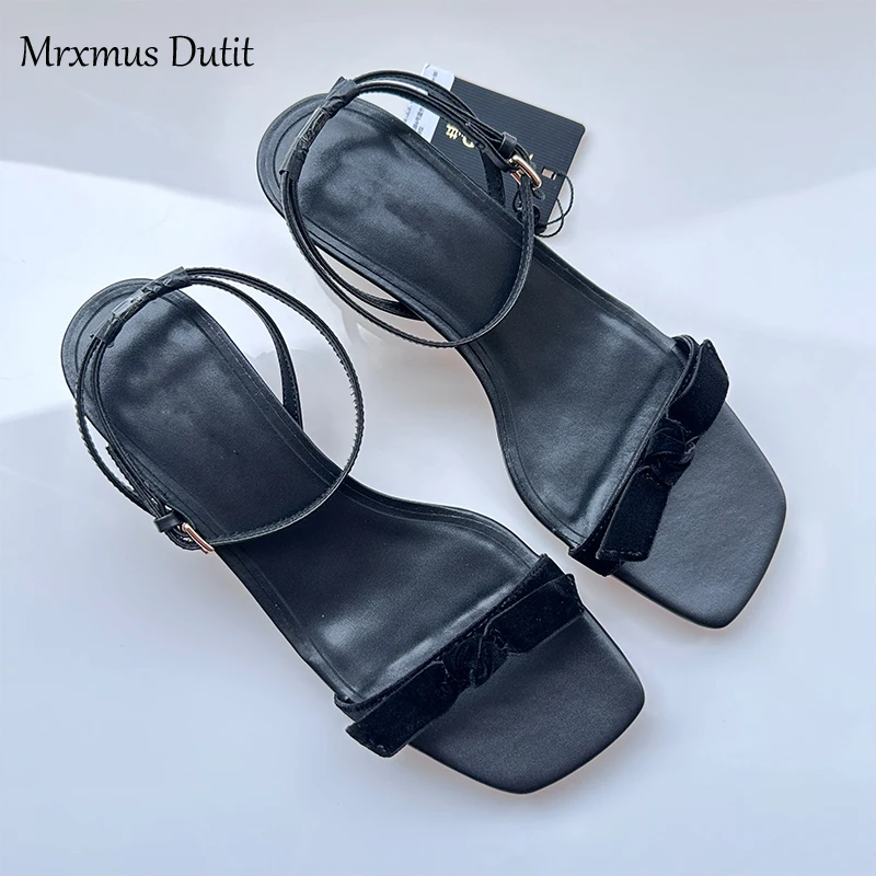 Mrxmus 2024 New Women Summer Fashion Genuine Leather One Character Strip Square Head Slender Heel Sandals Elegant Shoes Female