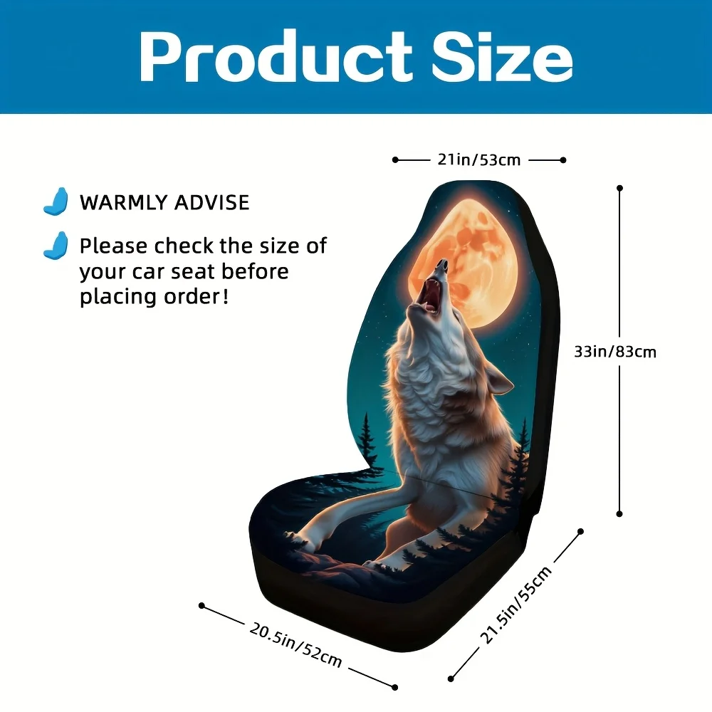 2pcs, Universal Fit Car Seat Covers Howling Wolf Artistic Animal Print, Durable Fabric, Soft And Comfortable, Easy To Install Fo