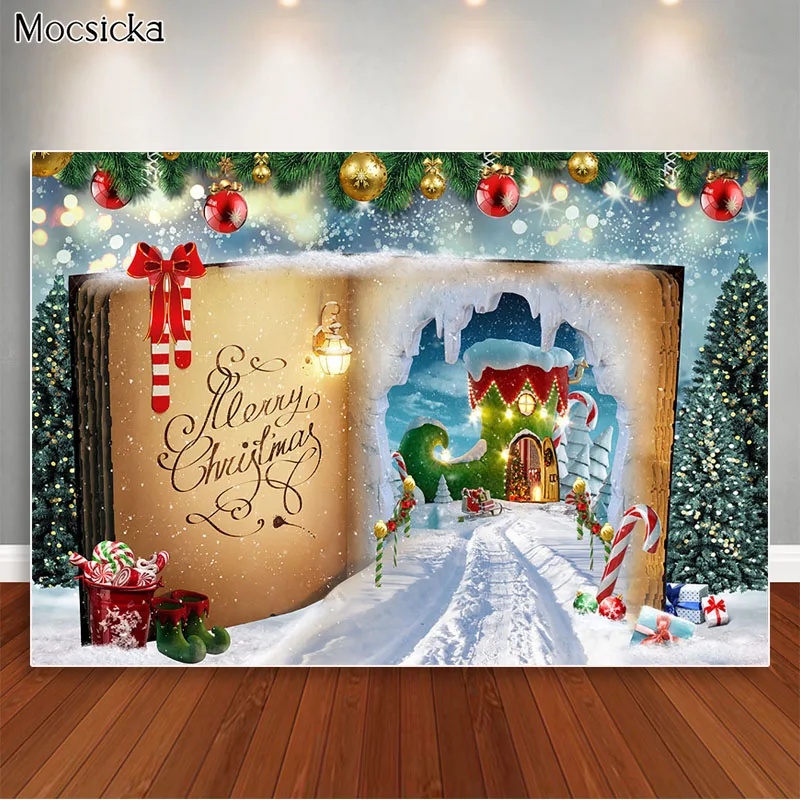 Fairy Magic Book Christmas Photoshoot Backdrop Children Kids Family Portrait Photo Props Studio Booth Background Snow Xmas Tree