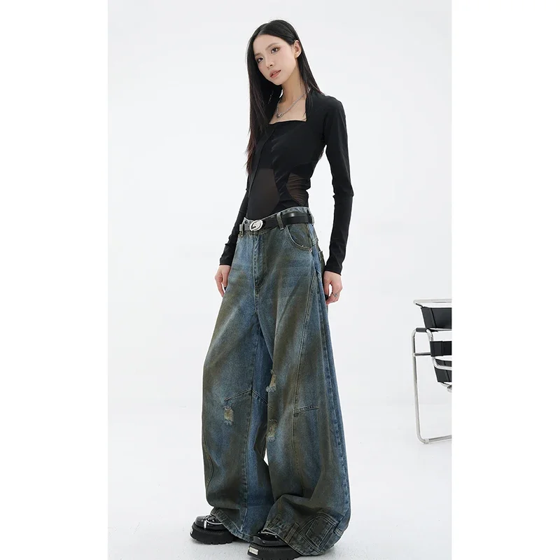 

Grunge Retro Y2K High Waist Vintage Loose Jeans Pants Streetwear Style 2024 Summer Women Wide Leg Baggy Ripped Denim Trouser