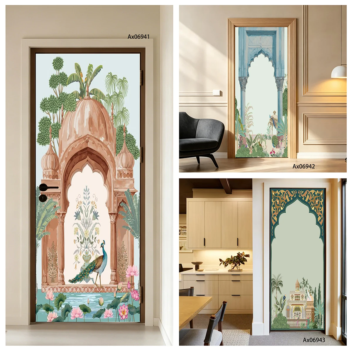 Watercolor Light Green Garden Pavilion Peacock Floral Arch Door StickerWaterproof Vinyl Sticker