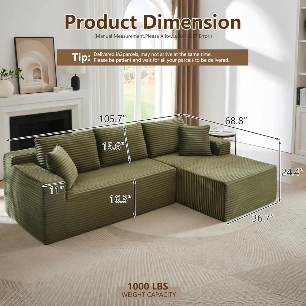 أريكة مقطعية على شكل حرف L من قماش سروال قصير، تصميم بدون عظم مع كرسي يمين، أريكة مريحة على شكل سحابة لغرفة المعيشة