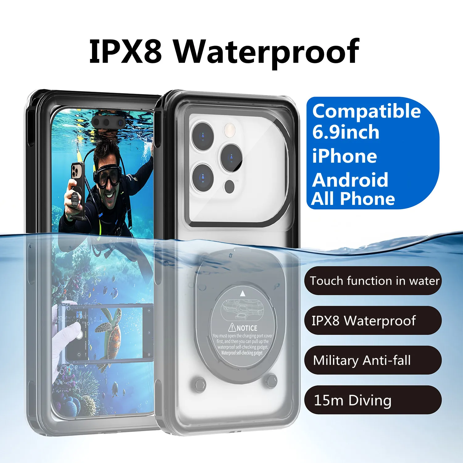 

IPX8 Водонепроницаемый чехол для телефона для дайвинга Универсальная модель 6,9 дюйма Подводный сенсорный водонепроницаемый пылезащитный герметичный чехол с защитой от падения