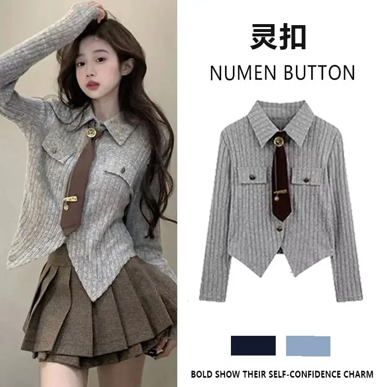 

Autumn Knitted Sweater And Tie Set Women's Faion Slimming Vintage ort Skirt Two-Piece Ensemble College Sle Ensemble