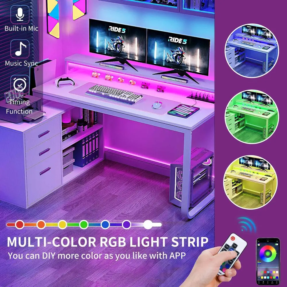 55" Computer Table PC Laptop Workstation Writing Desk w/Power Outlet LED Lights