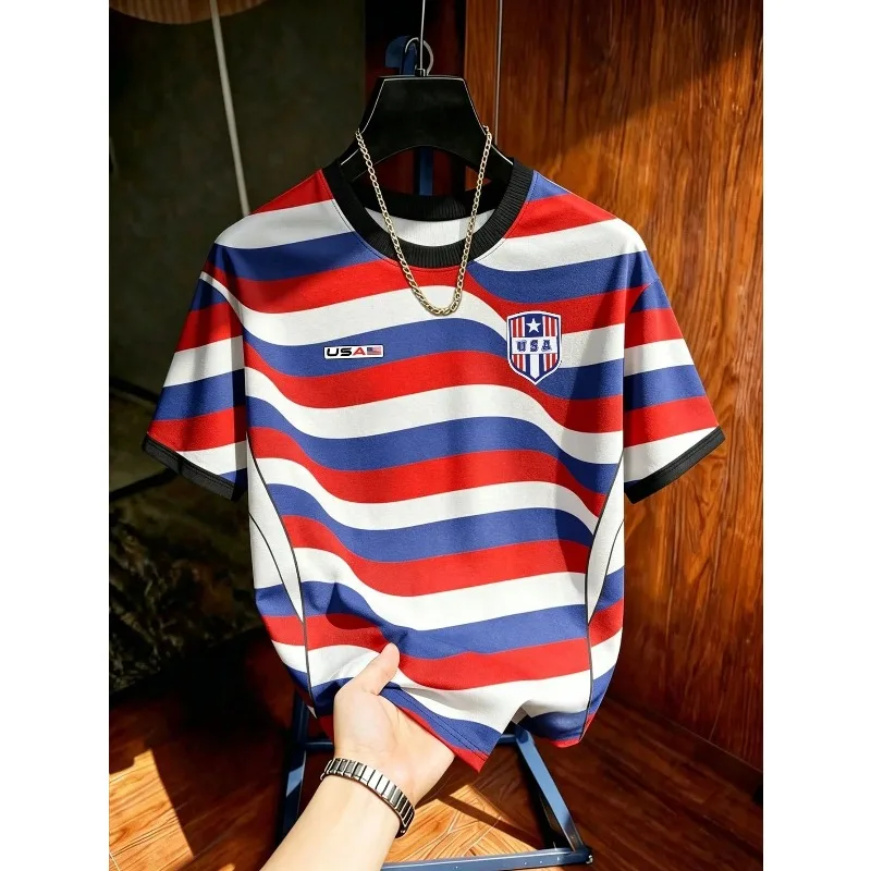 2026 Summer Wave Stripe Shield Print Football Sports T-shirt Breathable Gym Loose Athletic Short Sleeve Men Women Casual Tees