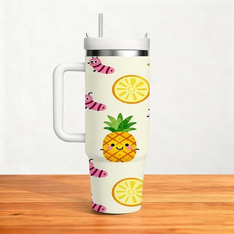 Stainless Steel Insulated Tumbler, 40Oz Cute Digital Print with Smiling Pineapples, Pink Caterpillars And Lemon Slices, Lightweight Portable Reusable Drink Cup for Home, Office And Outdoor Daily Use