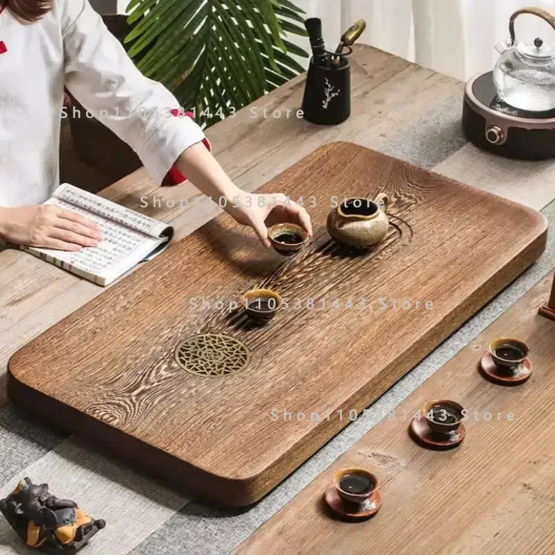 Factory Best-SellerLuxury Serving Tea Tray Wooden Chinese Vintage Rectangle Valet Drip Tea Tray Drainage Living Room Bandeja