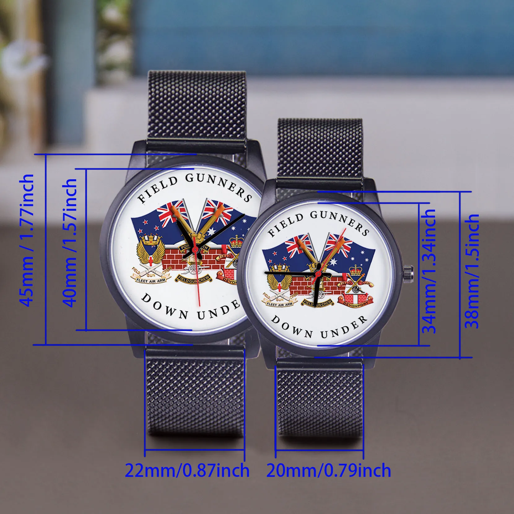 Orologio unisex Union Jack con design Gunners archiviato da 45/38 mm, cinturino in acciaio inossidabile con souvenir regalo in oro rosa nero argento