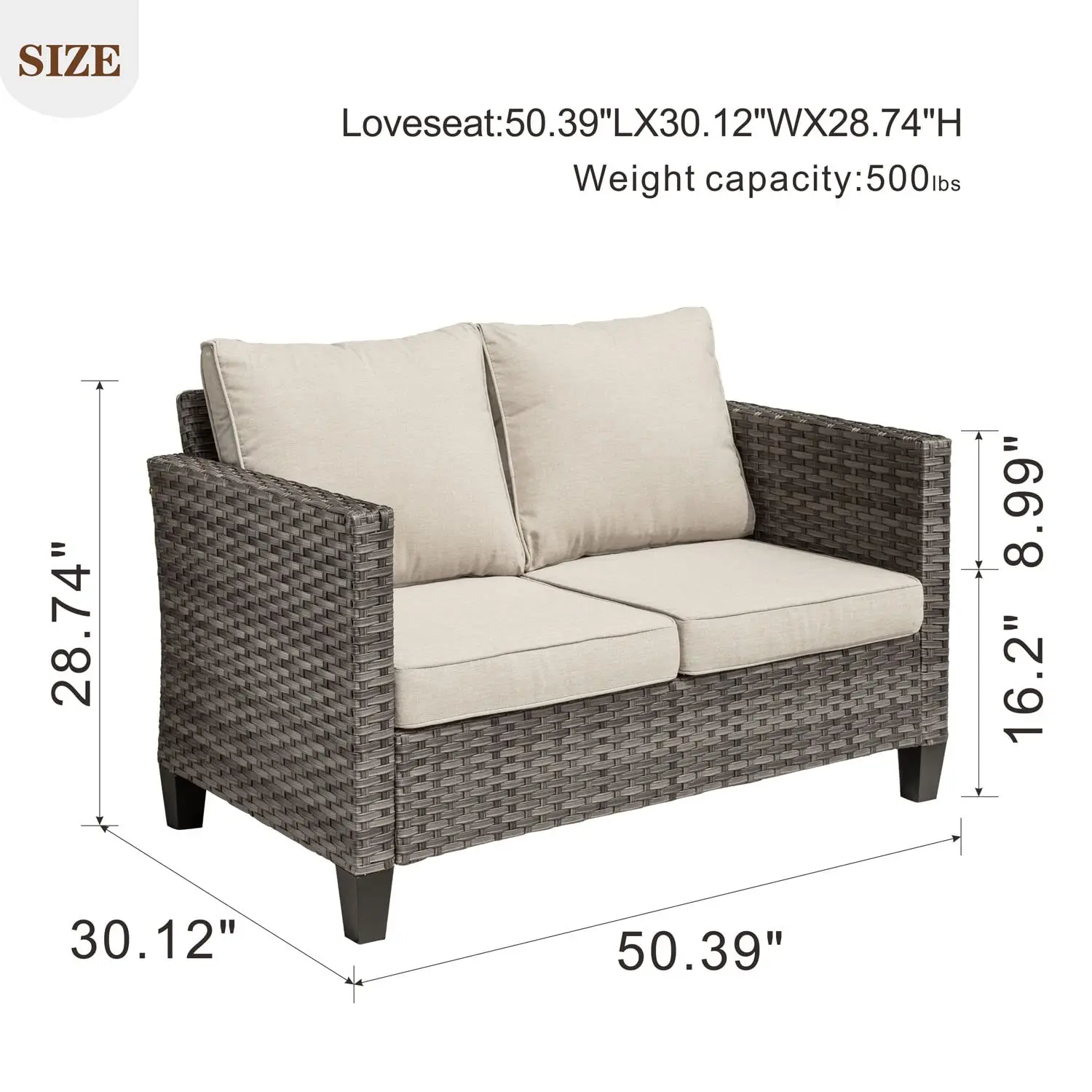 Patio Loveseat, 2-Seater Outdoor Wicker Sofa Couch with Comfy Cushions, All Weather High Back Deep Seating Rattan, Customized