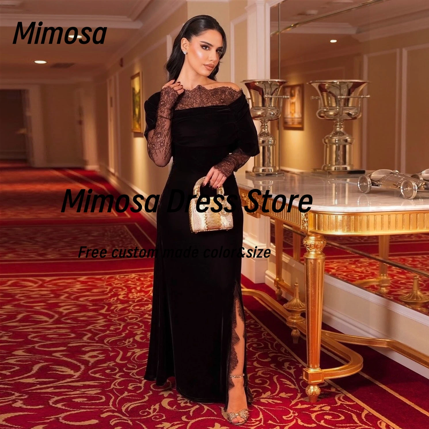 

Mimosa Black Prom Dresses Lace Long Sleeves فستان سهرة نسائي Side Slit Cocktail Party Evening Dress Customized