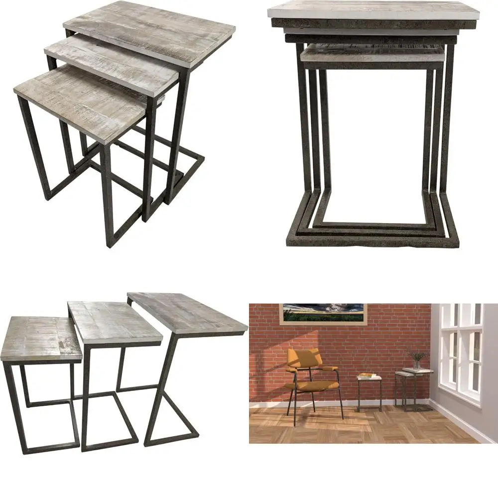 طقم طاولة متداخلة خشبية مستطيلة مع إطار من سبائك الصلب - أثاث حديث موفر للمساحة مكون من 3 قطع #1
